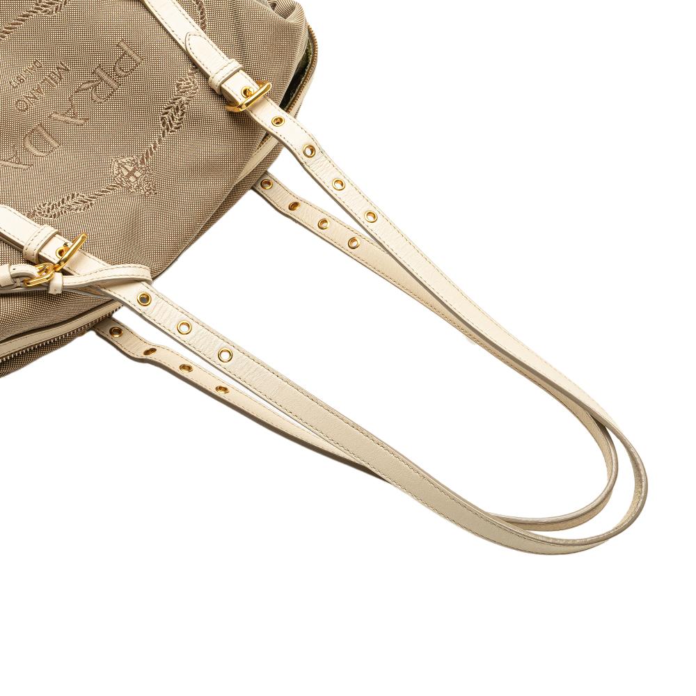 Prada B Prada Brown Beige with White Canvas Fabric Canapa Logo Shoulder Bag Italy