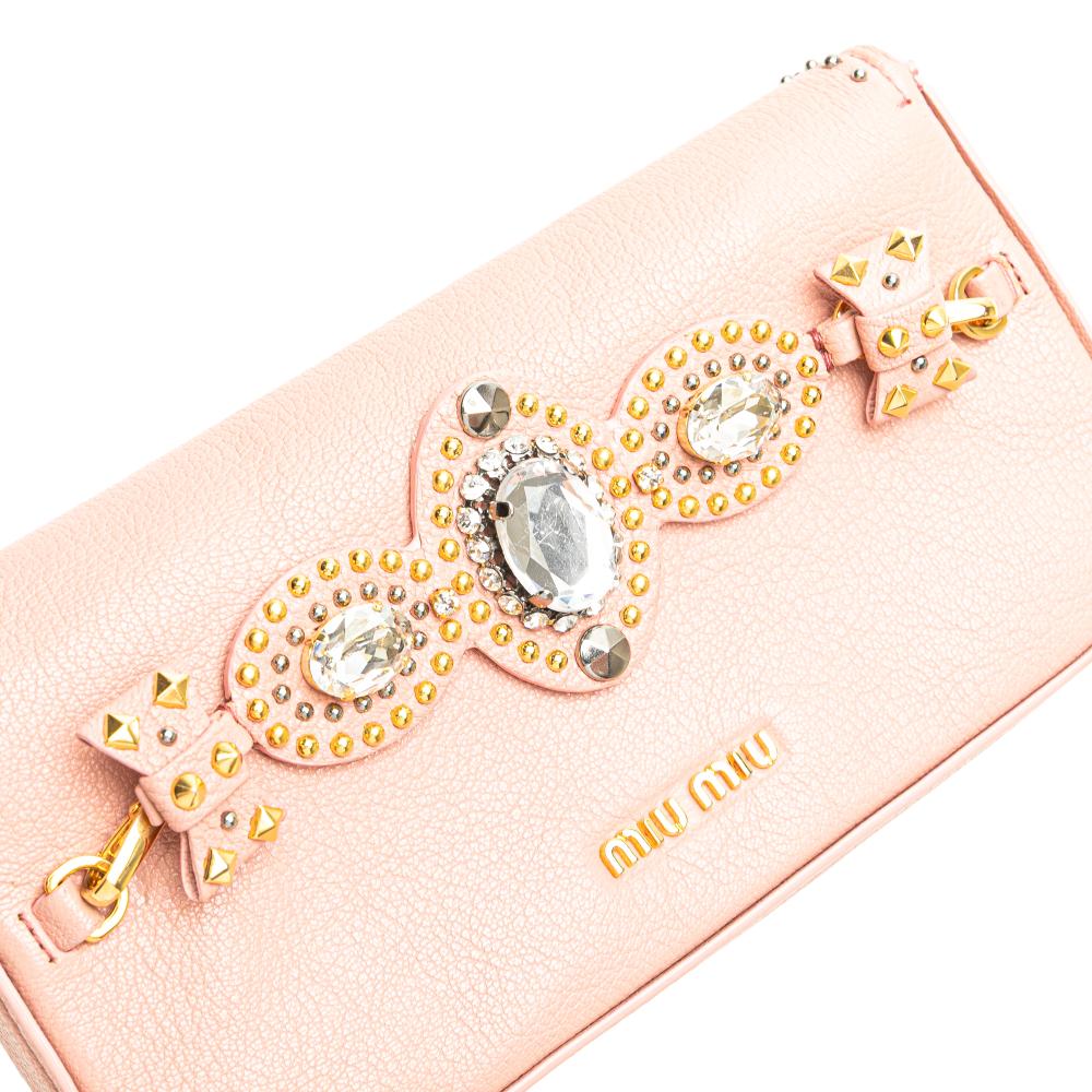 Miu Miu B Miu Miu Pink Goatskin Leather Madras Crystal Studded Clutch Turkey