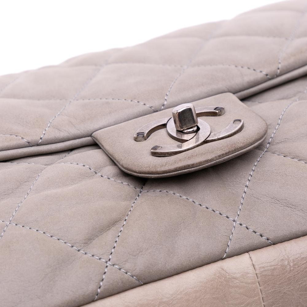 Chanel B Chanel Gray Light Gray with Brown Calf Leather Jumbo Iridescent skin In The Mix Flap Italy