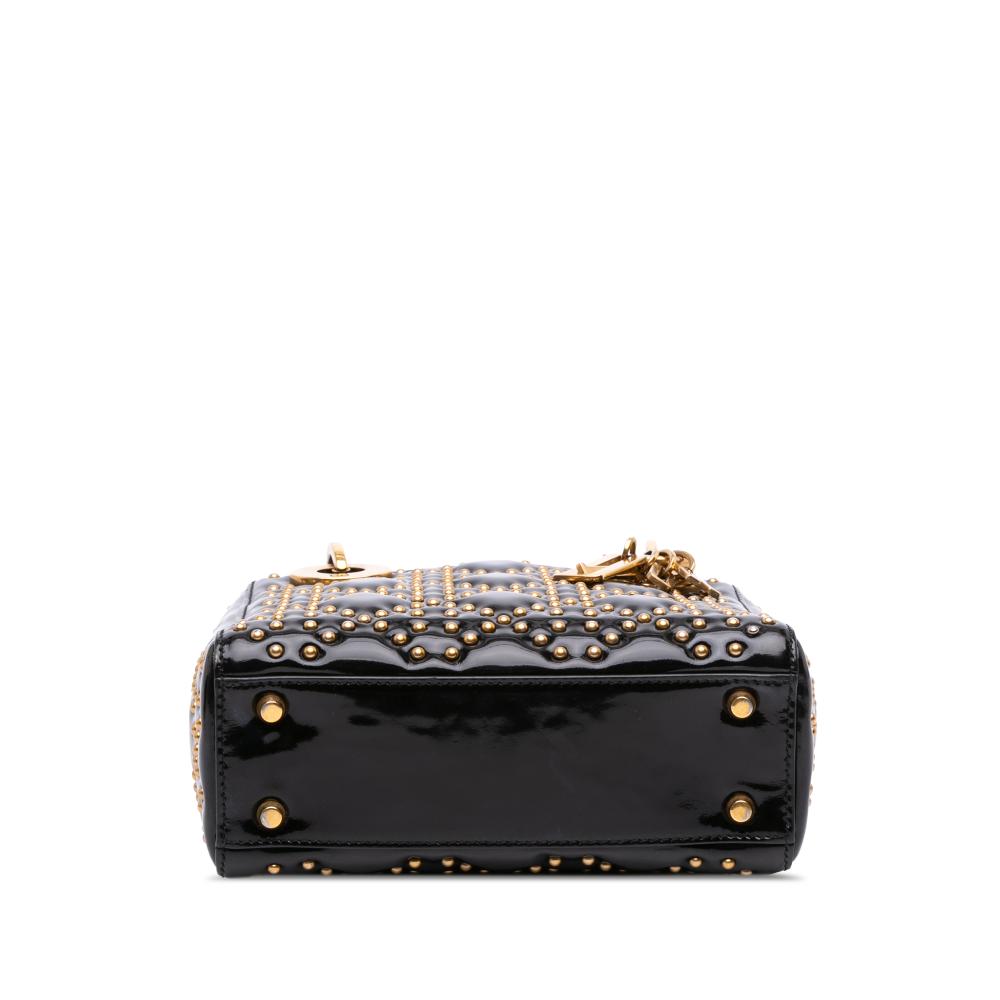 Christian Dior B Dior Black with Gold Patent Leather Leather Mini Patent Cannage Studded Supple Lady Dior Italy