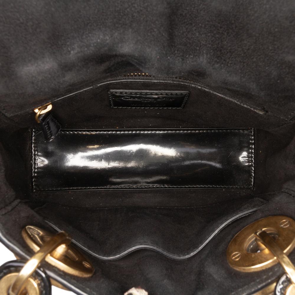 Christian Dior B Dior Black with Gold Patent Leather Leather Mini Patent Cannage Studded Supple Lady Dior Italy