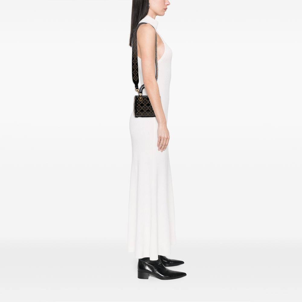 Christian Dior B Dior Black with Gold Patent Leather Leather Mini Patent Cannage Studded Supple Lady Dior Italy