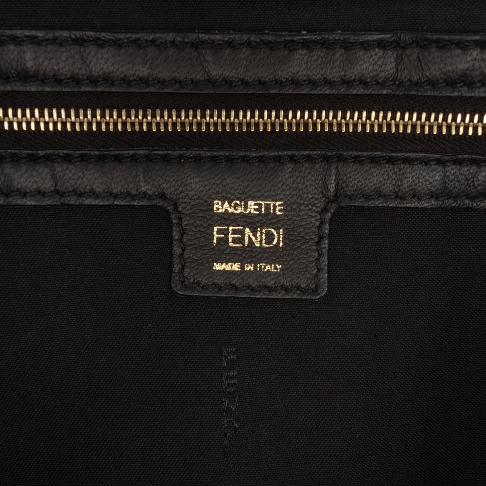 Fendi B Fendi Black Calf Leather Large Zucca Embossed Baguette Satchel Italy