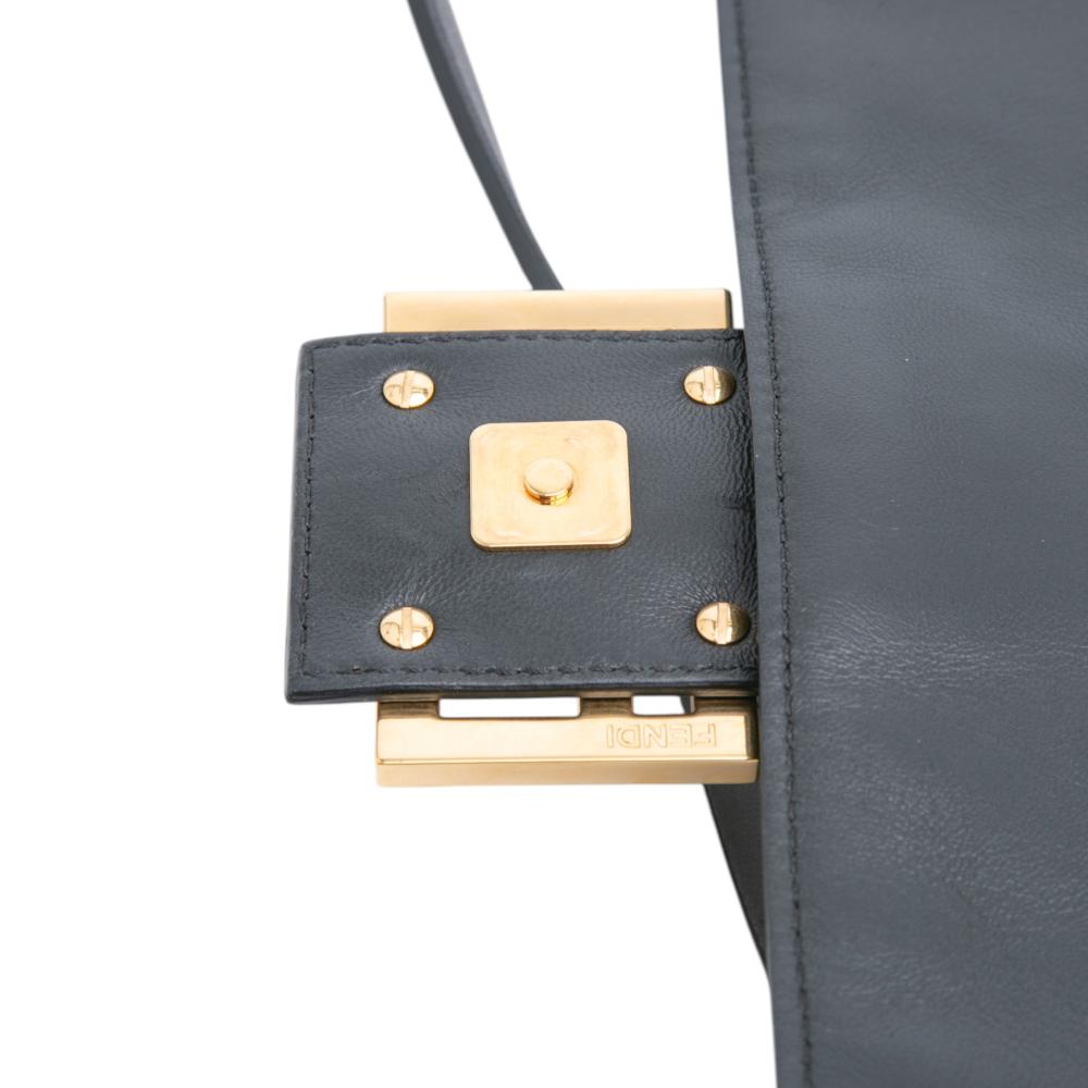 Fendi B Fendi Black Calf Leather Large Zucca Embossed Baguette Satchel Italy