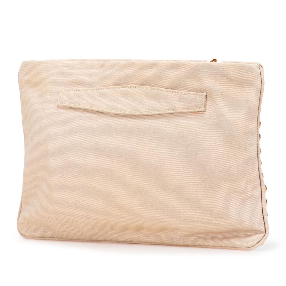 Prada AB Prada Brown Beige Canvas Fabric Canapa Studded Vernice Clutch Italy