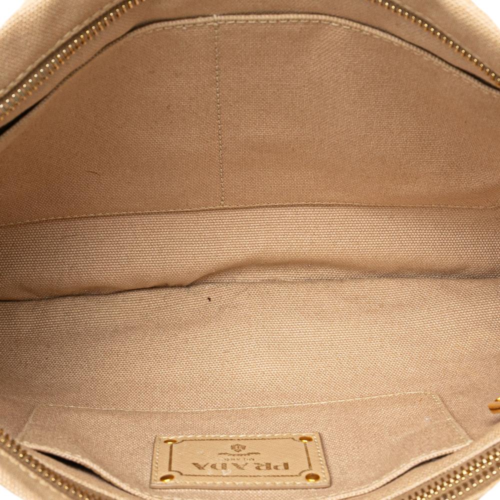 Prada AB Prada Brown Beige Canvas Fabric Canapa Studded Vernice Clutch Italy