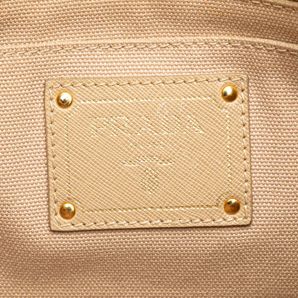 Prada AB Prada Brown Beige Canvas Fabric Canapa Studded Vernice Clutch Italy