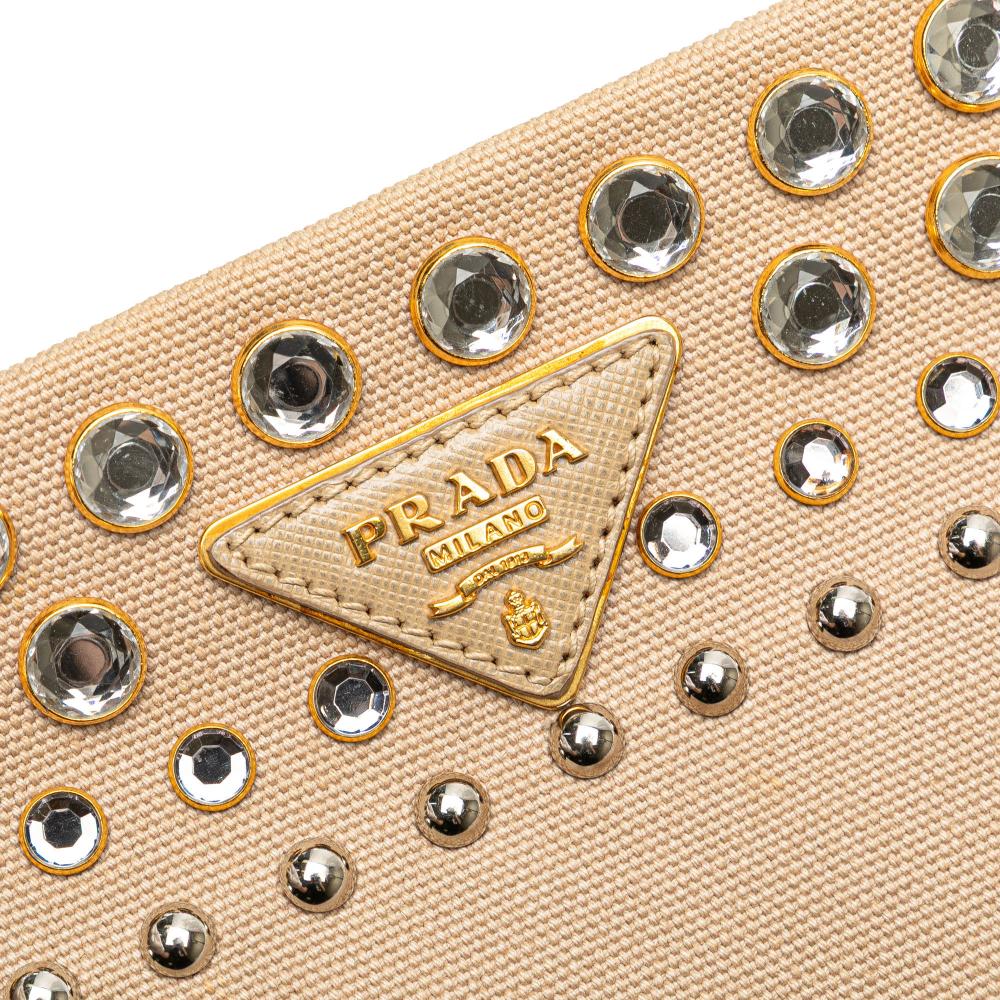 Prada AB Prada Brown Beige Canvas Fabric Canapa Studded Vernice Clutch Italy