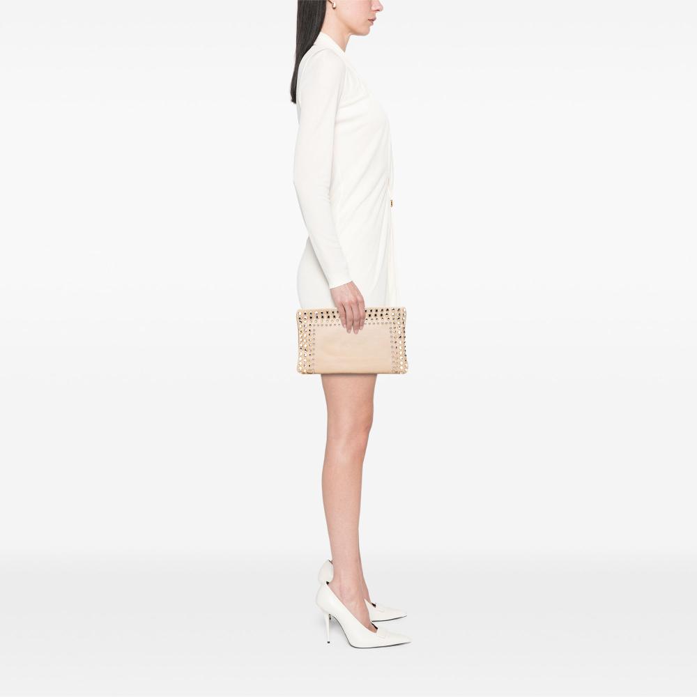 Prada AB Prada Brown Beige Canvas Fabric Canapa Studded Vernice Clutch Italy