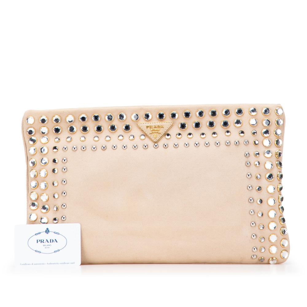 Prada AB Prada Brown Beige Canvas Fabric Canapa Studded Vernice Clutch Italy