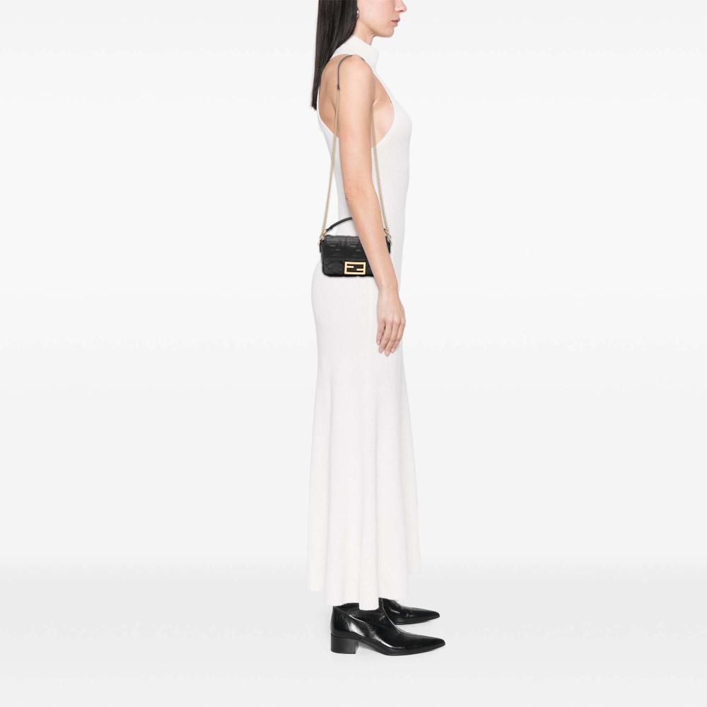 Fendi B Fendi Black Calf Leather Mini Zucca Embossed Baguette Satchel Italy