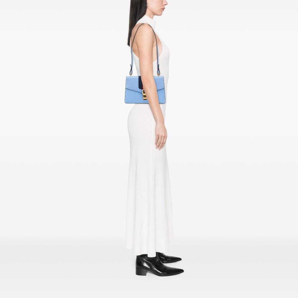 Gucci B Gucci Blue Light Blue Calf Leather Small Sylvie Web Satchel Italy