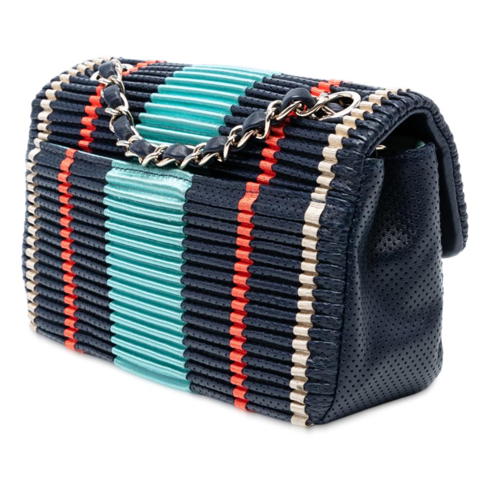 Chanel B Chanel Blue Navy Lambskin Leather Leather New Mini Pleated Perforated Lambskin Single Flap France