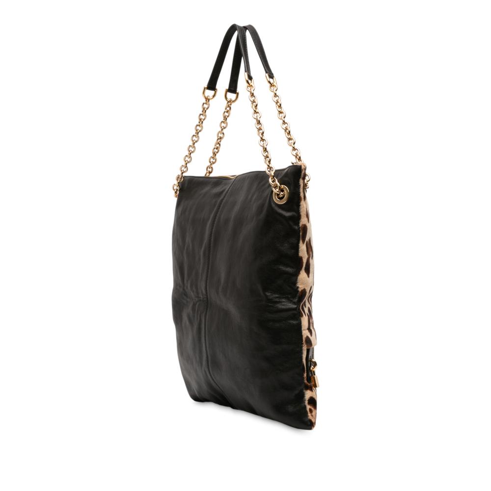Dolce&Gabbana B Dolce & Gabbana Brown with Black Pony Hair Natural Material Leopard Print Chain Tote Italy