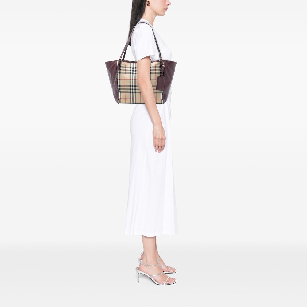 Burberry B Burberry Brown Beige Canvas Fabric Small Haymarket Check and Leather Canterbury Tote Italy