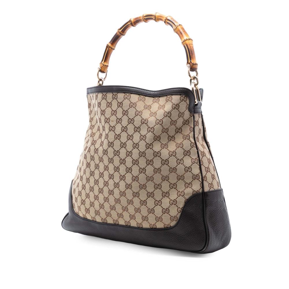 Gucci B Gucci Brown Beige Canvas Fabric GG Bamboo Diana Satchel Italy