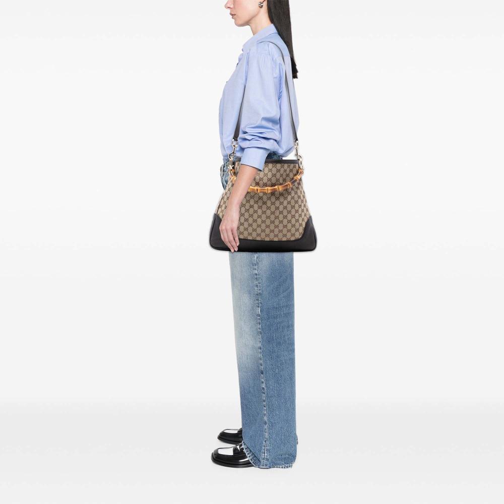 Gucci B Gucci Brown Beige Canvas Fabric GG Bamboo Diana Satchel Italy