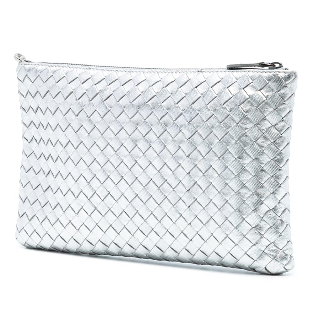 Bottega Veneta AB Bottega Veneta Silver Calf Leather Metallic Intrecciato Clutch Italy