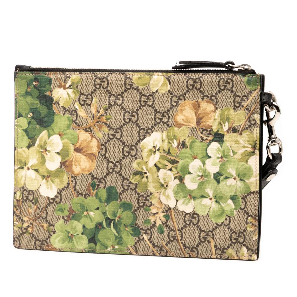 Gucci B Gucci Brown Beige Coated Canvas Fabric GG Supreme Blooms Clutch Italy