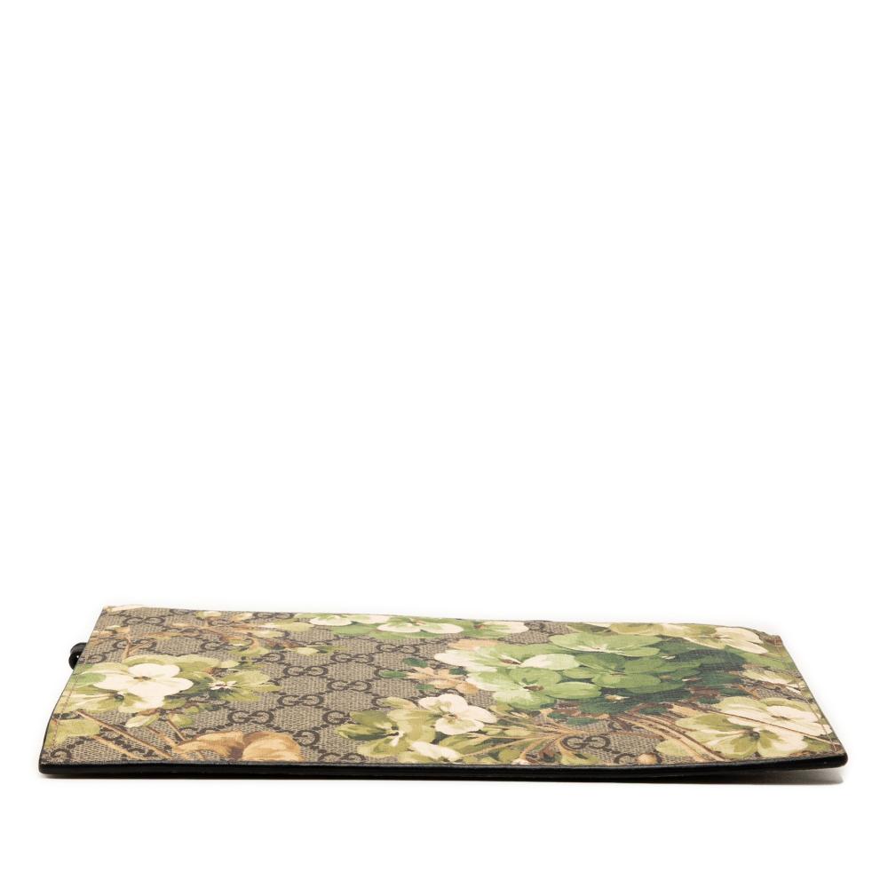 Gucci B Gucci Brown Beige Coated Canvas Fabric GG Supreme Blooms Clutch Italy