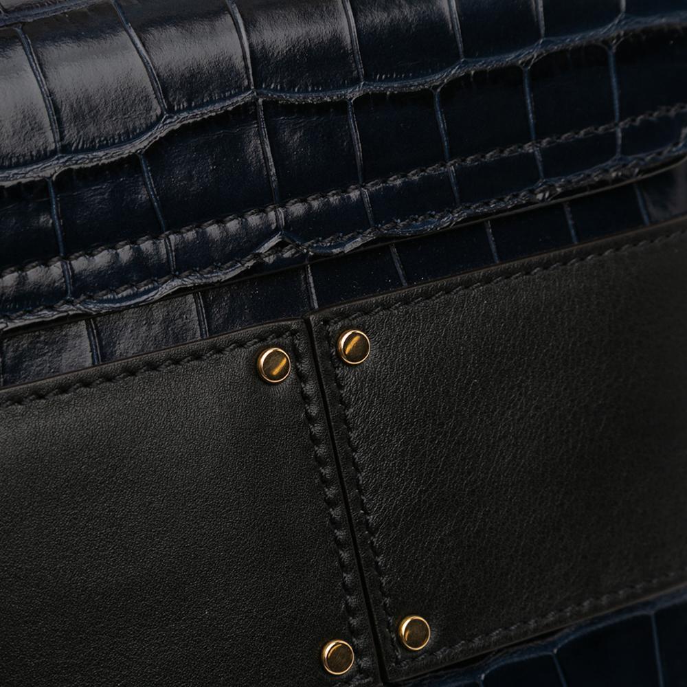 Chloé B Chloé Blue Navy Calf Leather Croc Embossed Aby Lock Satchel Italy