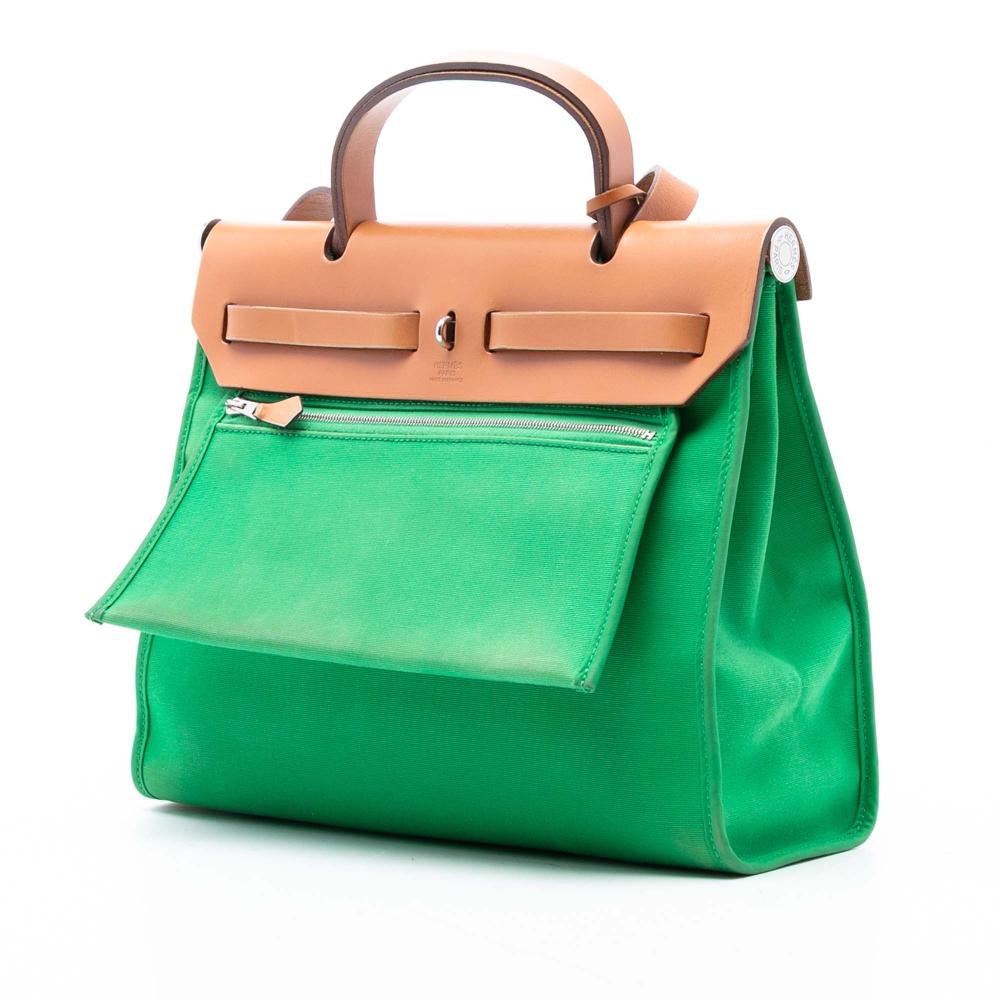 Hermès B Hermès Green with Brown Canvas Fabric Toile Herbag Zip 31 France