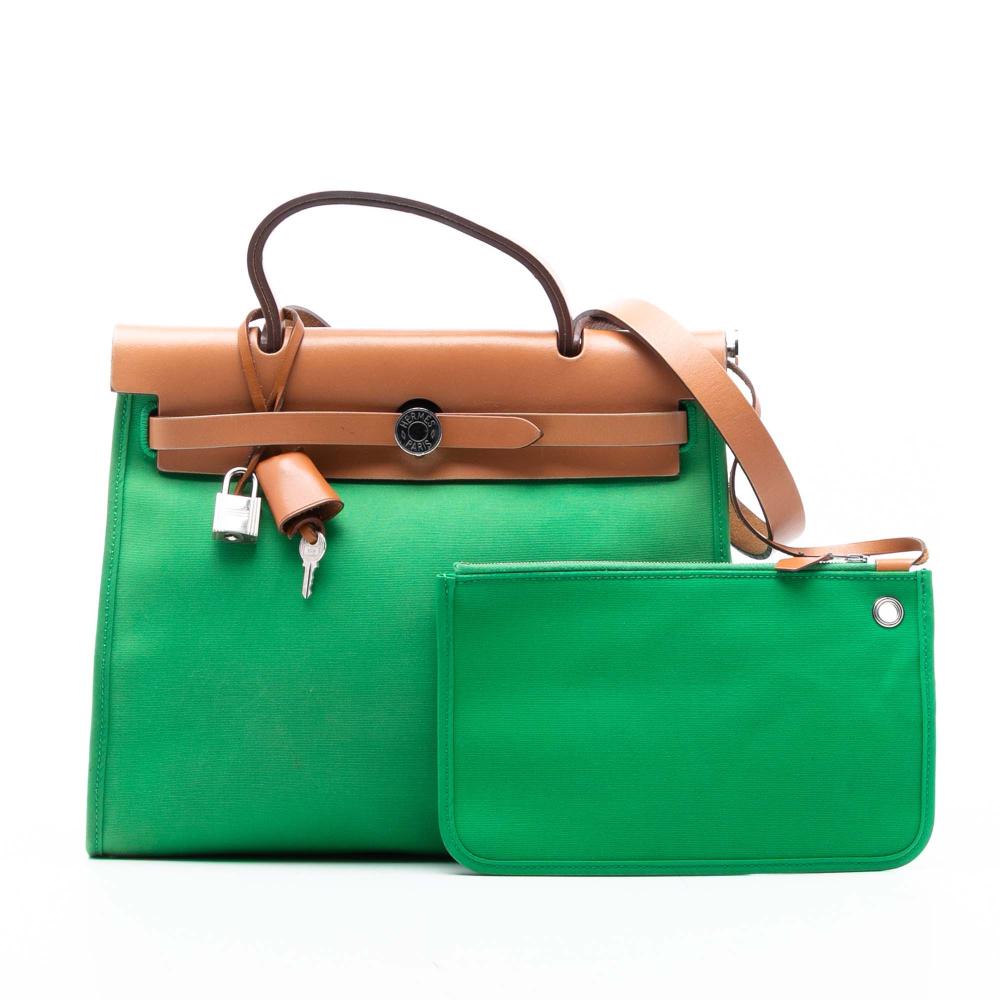 Hermès B Hermès Green with Brown Canvas Fabric Toile Herbag Zip 31 France