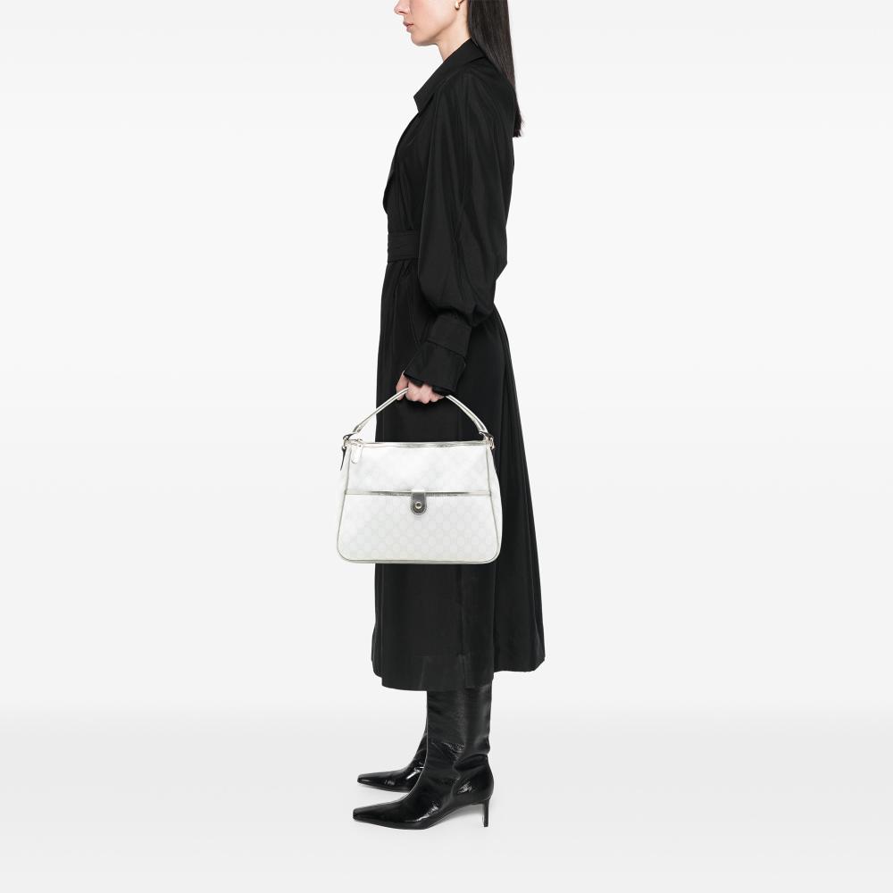Gucci B Gucci White with Silver Coated Canvas Fabric GG Supreme Joy Handbag Italy