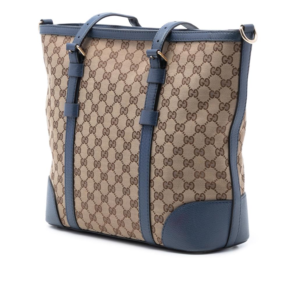 Gucci B Gucci Brown Beige with Blue Canvas Fabric GG Convertible Tote Italy