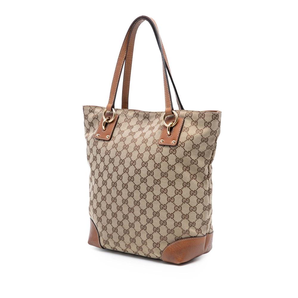 Gucci B Gucci Brown Beige Canvas Fabric Medium GG GG Charm Tote Italy