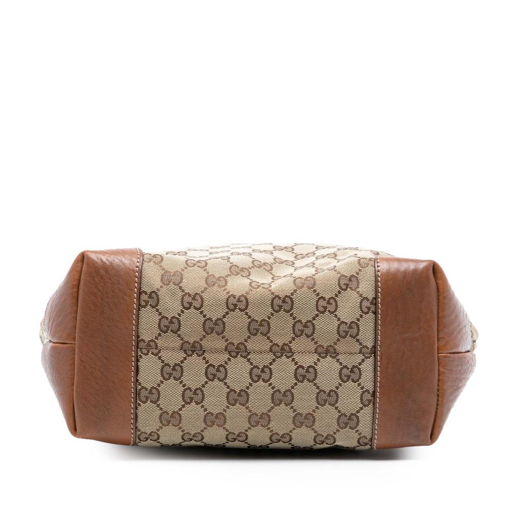 Gucci B Gucci Brown Beige Canvas Fabric Medium GG GG Charm Tote Italy