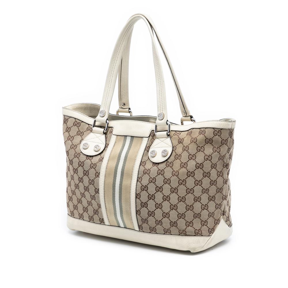 Gucci B Gucci Brown Beige with White Canvas Fabric GG Web Sunset Tote Italy