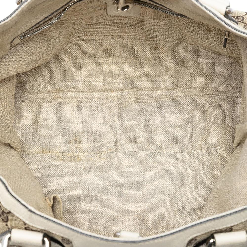 Gucci B Gucci Brown Beige with White Canvas Fabric GG Web Sunset Tote Italy