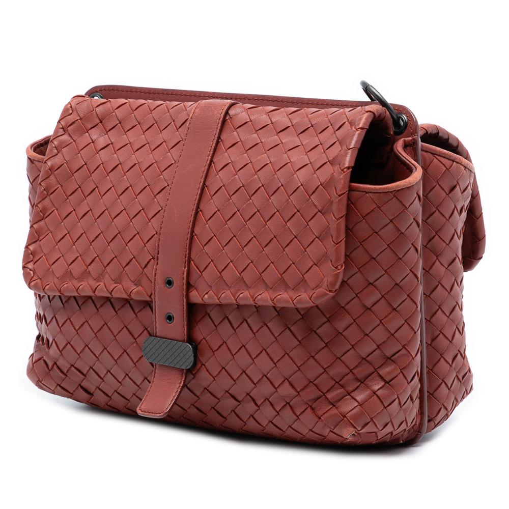 Bottega Veneta Red Nappa Intrecciato Double Sided Flap Messenger Bag Italy