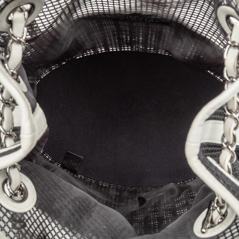 Chanel B Chanel Black with White Off White Mesh Fabric CC and Calfskin Bucket Bag Italy