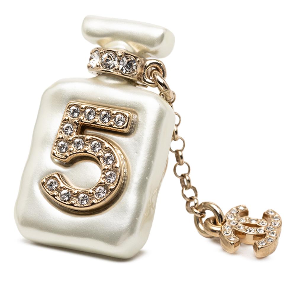 Chanel B Chanel White Pearl Resin Plastic CC Gold Plated Rhinestone No. 5 Perfume Bottle Brooch France