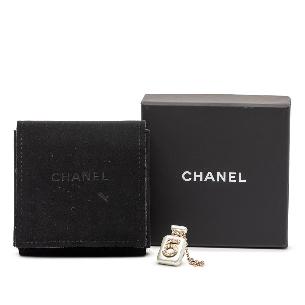 Chanel B Chanel White Pearl Resin Plastic CC Gold Plated Rhinestone No. 5 Perfume Bottle Brooch France