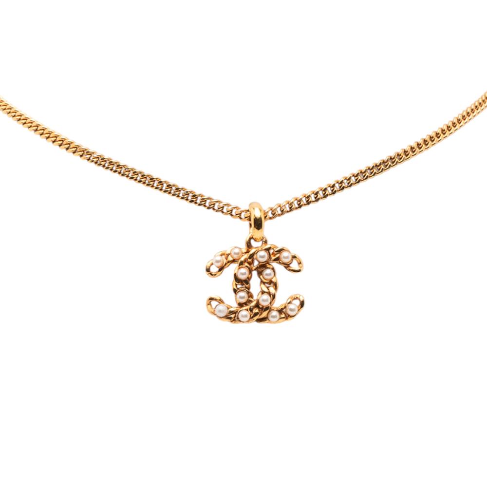 Chanel B Chanel Gold with White Pearl Gold Plated Metal Faux Pearl CC Pendant Necklace France