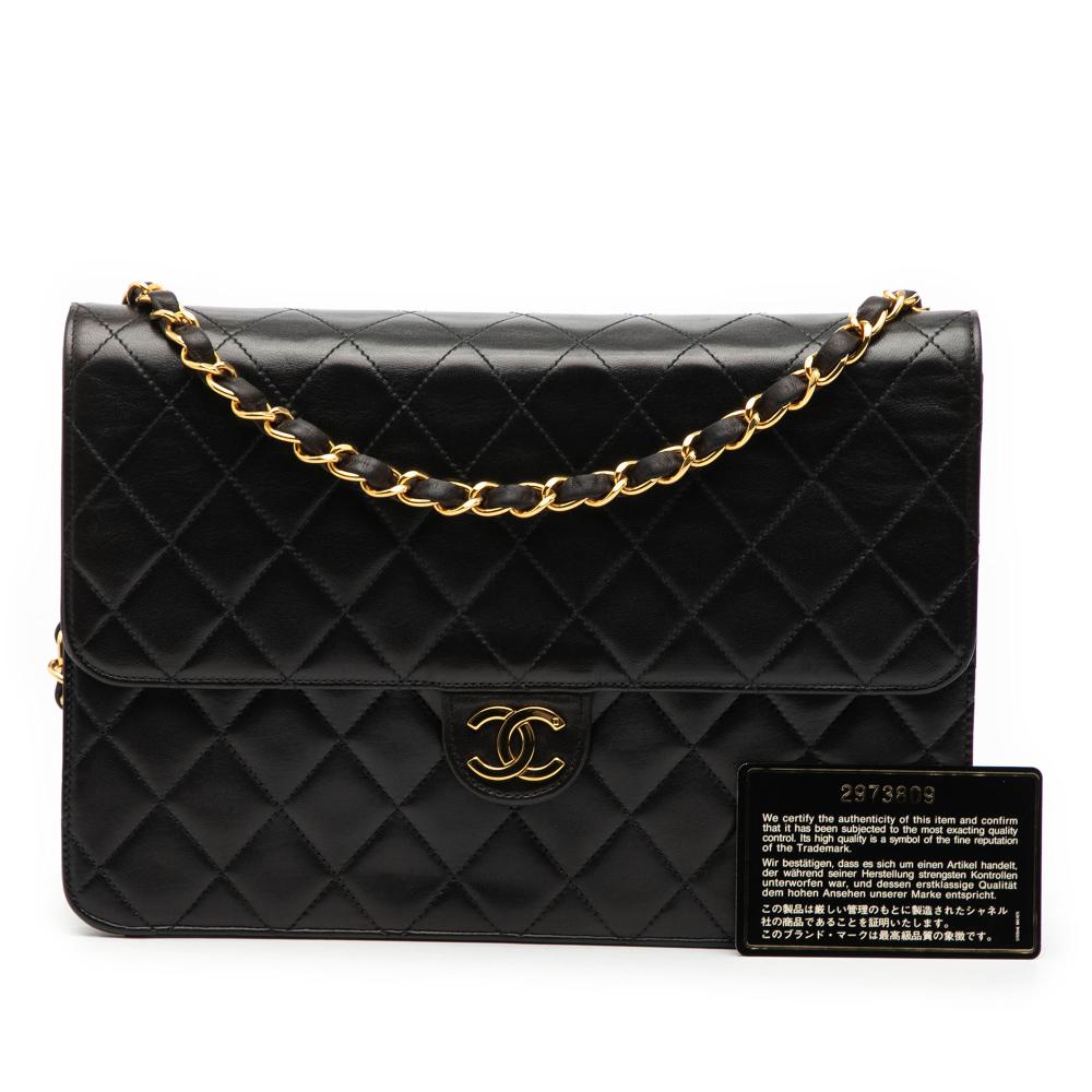 Chanel B Chanel Black Lambskin Leather Leather Medium CC Quilted Lambskin Single Flap France