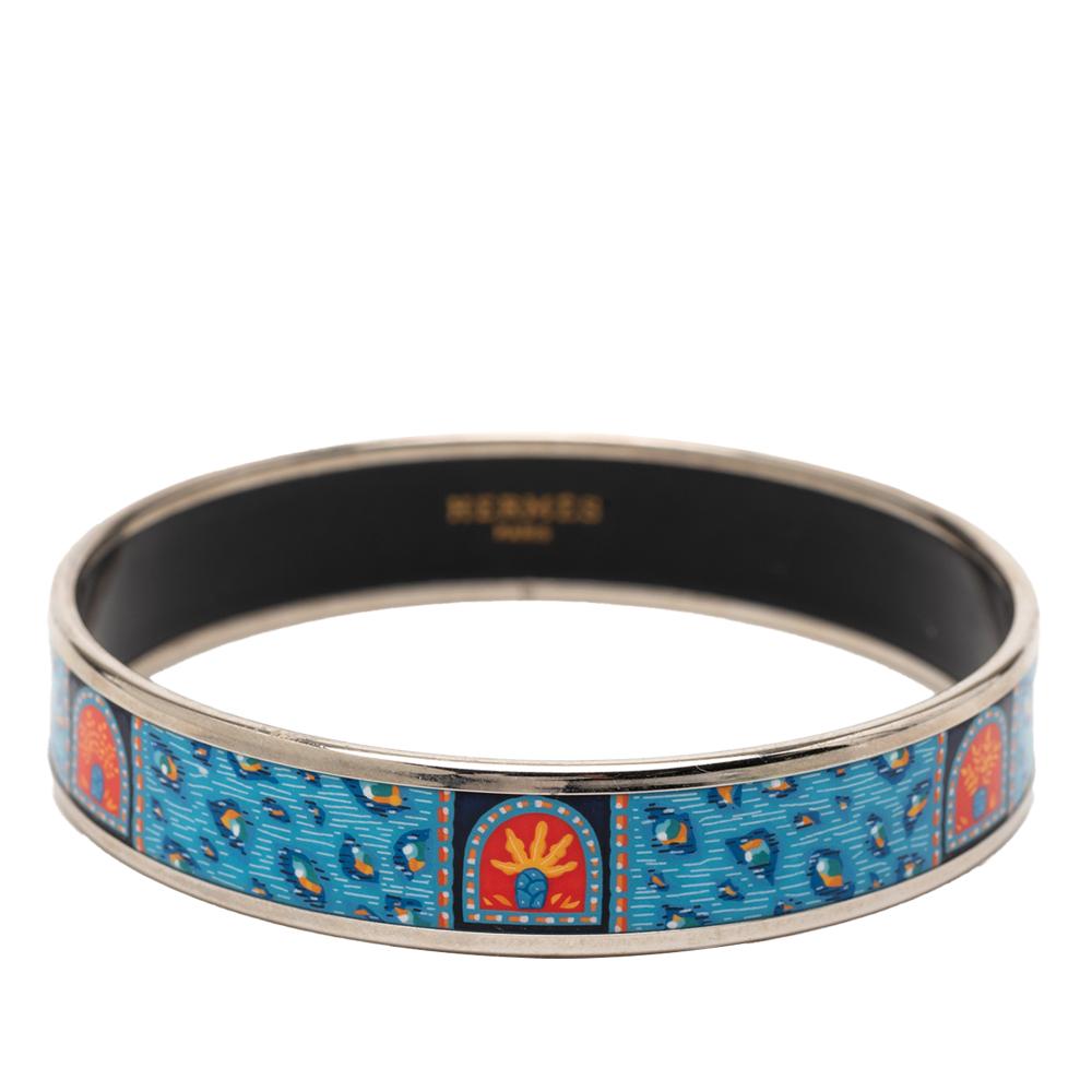 Hermès B Hermès Blue with Silver Enamel Other Wide Printed Bangle 65 Austria