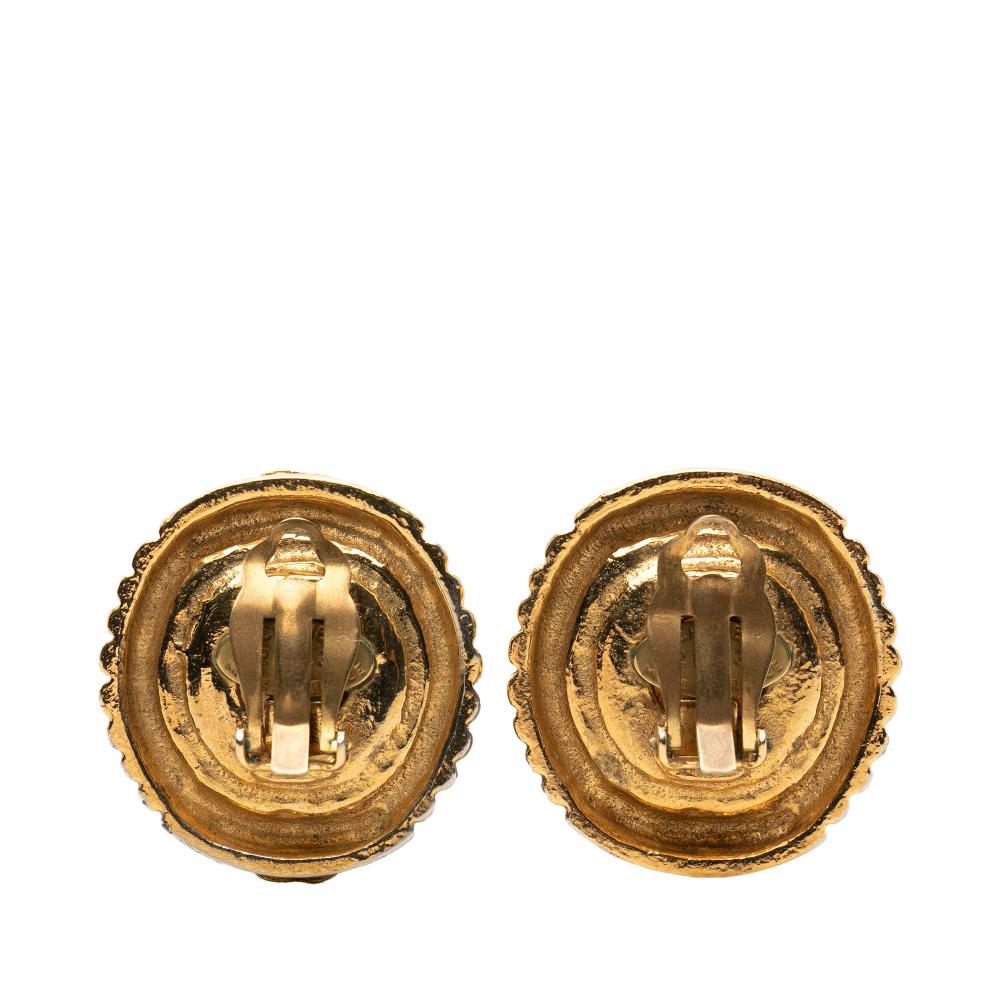 Chanel B Chanel Gold Gold Plated Metal CC Faux Pearl Round Clip on Earrings France