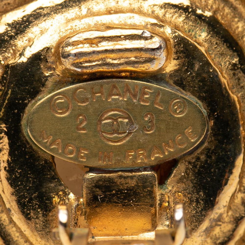 Chanel B Chanel Gold Gold Plated Metal CC Faux Pearl Round Clip on Earrings France