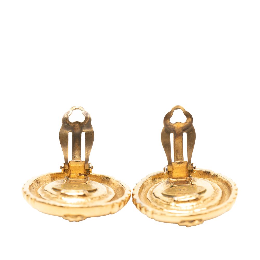 Chanel B Chanel Gold Gold Plated Metal CC Faux Pearl Round Clip on Earrings France