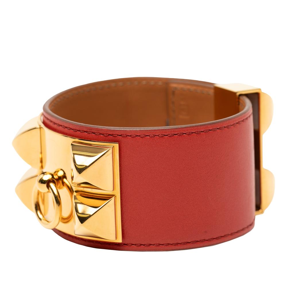 Hermès B Hermès Red with Gold Calf Leather Swift and Gold Plated Collier de Chien Bracelet France