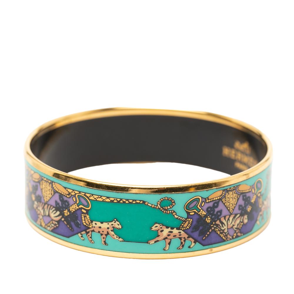 Hermès AB Hermès Green Light Green with Gold Enamel Other Wide Snow Leopards Bangle 62 Austria