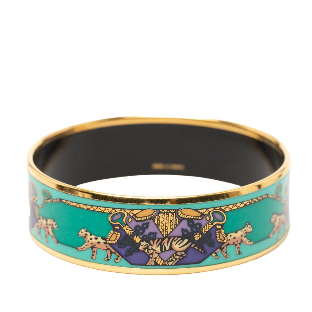 Hermès AB Hermès Green Light Green with Gold Enamel Other Wide Snow Leopards Bangle 62 Austria