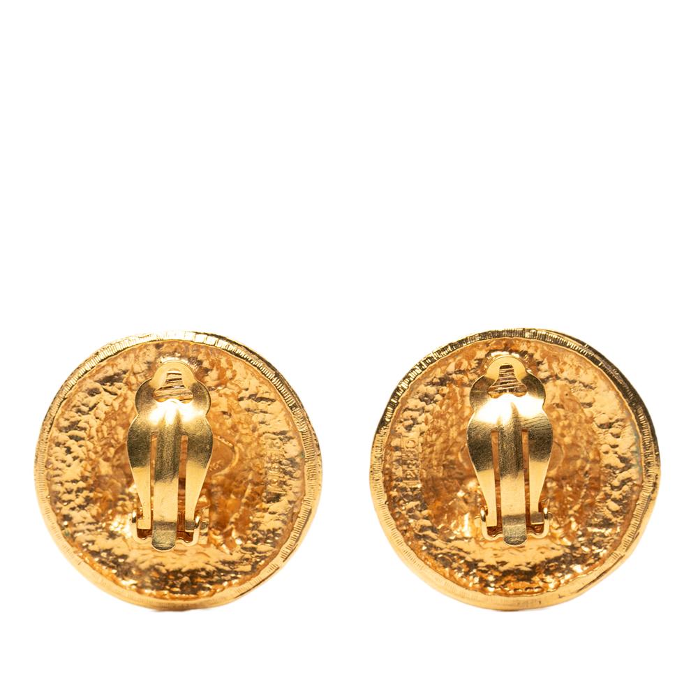 Chanel B Chanel Gold Gold Plated Metal CC Crest Round Clip On Earrings France