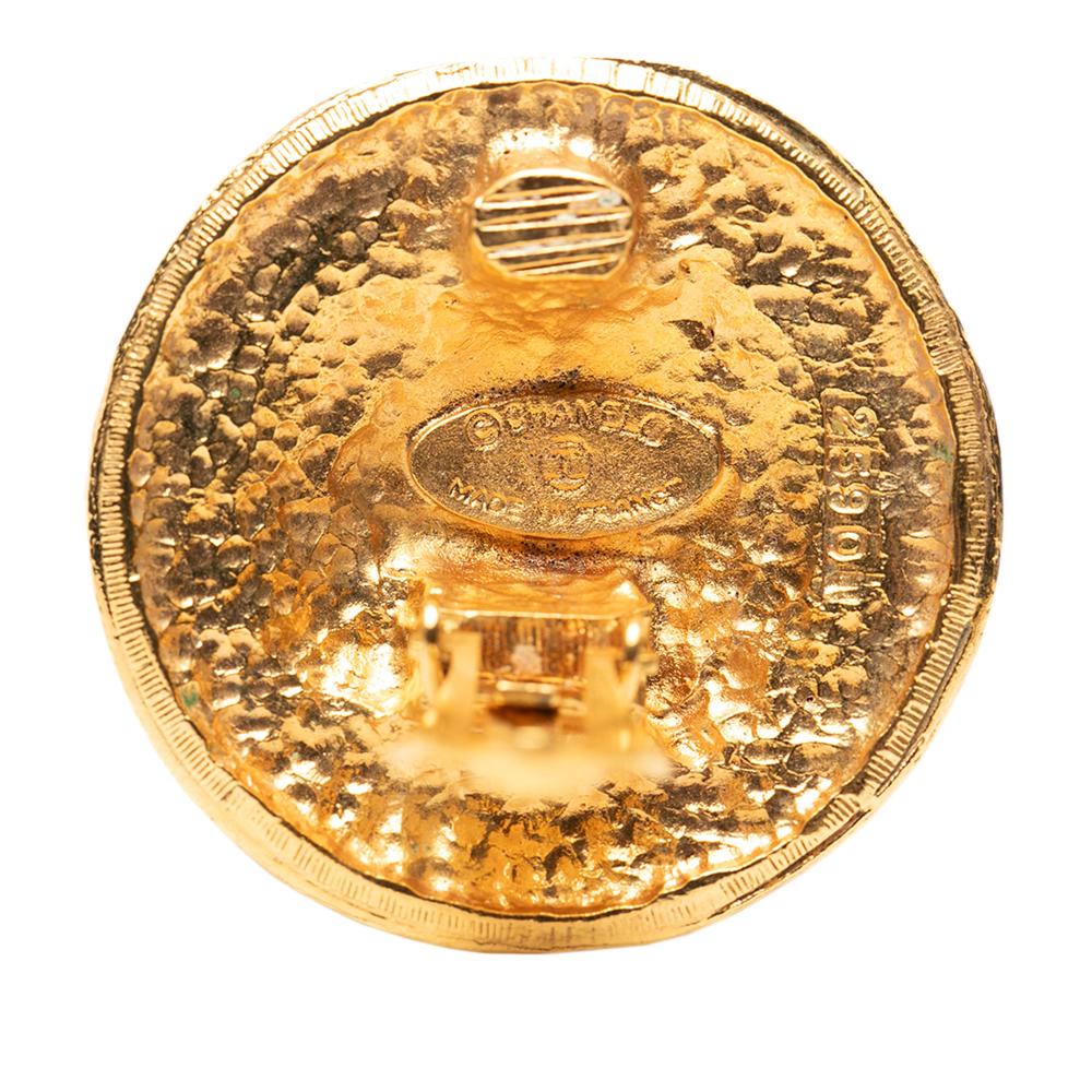 Chanel B Chanel Gold Gold Plated Metal CC Crest Round Clip On Earrings France