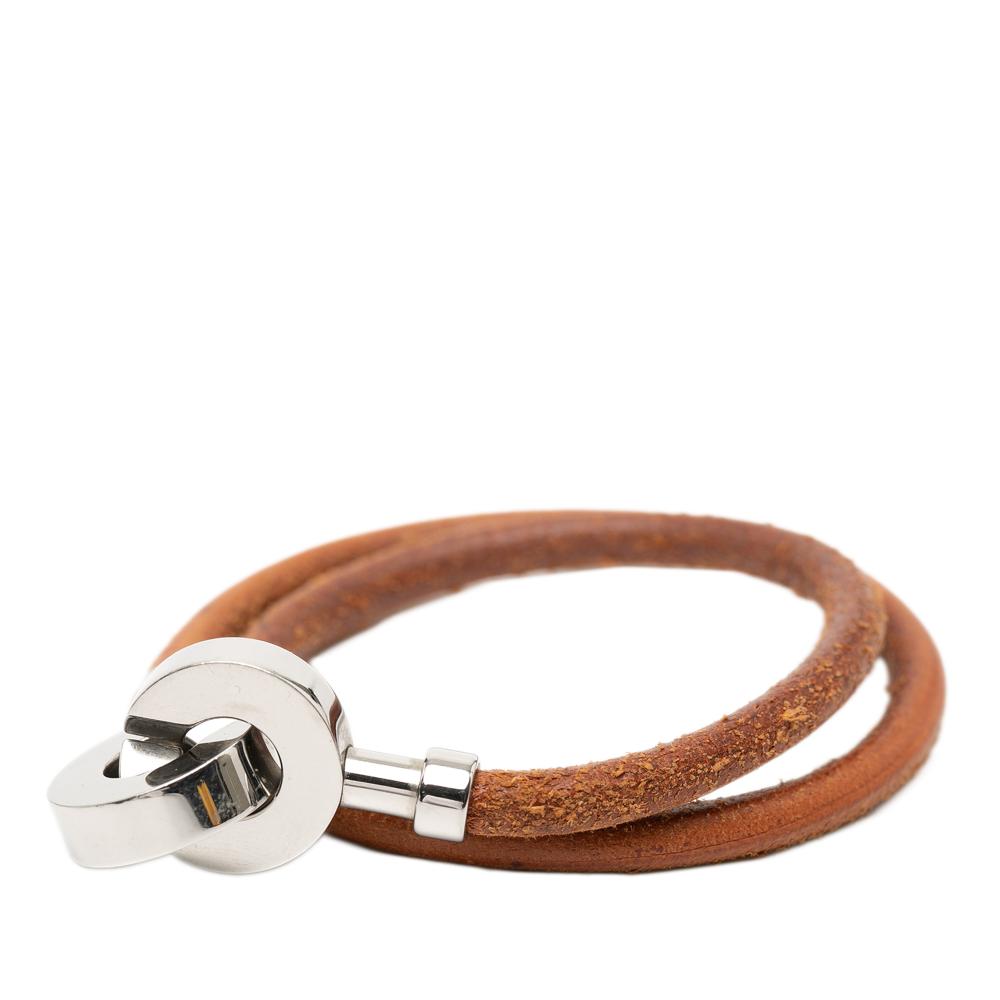 Hermès B Hermès Brown with Silver Calf Leather Palladium Plated and Lancelot Double Tour Bracelet France