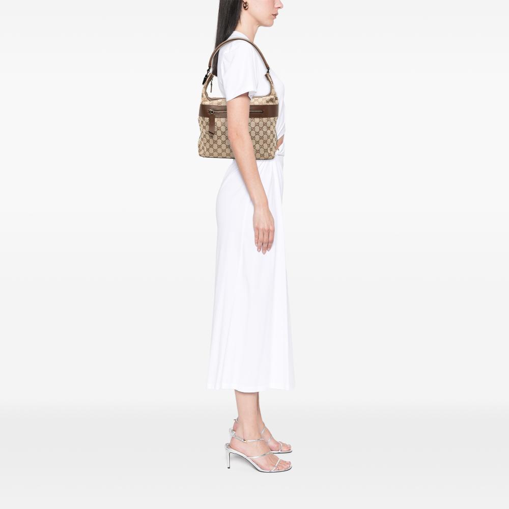 Gucci B Gucci Brown Beige Canvas Fabric GG Shoulder Bag Italy